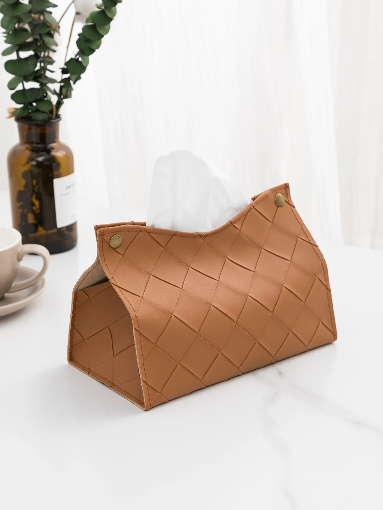 1pc Solid Woven Tissue Storage Bag, Brown Tissue Container For Home Decor SD