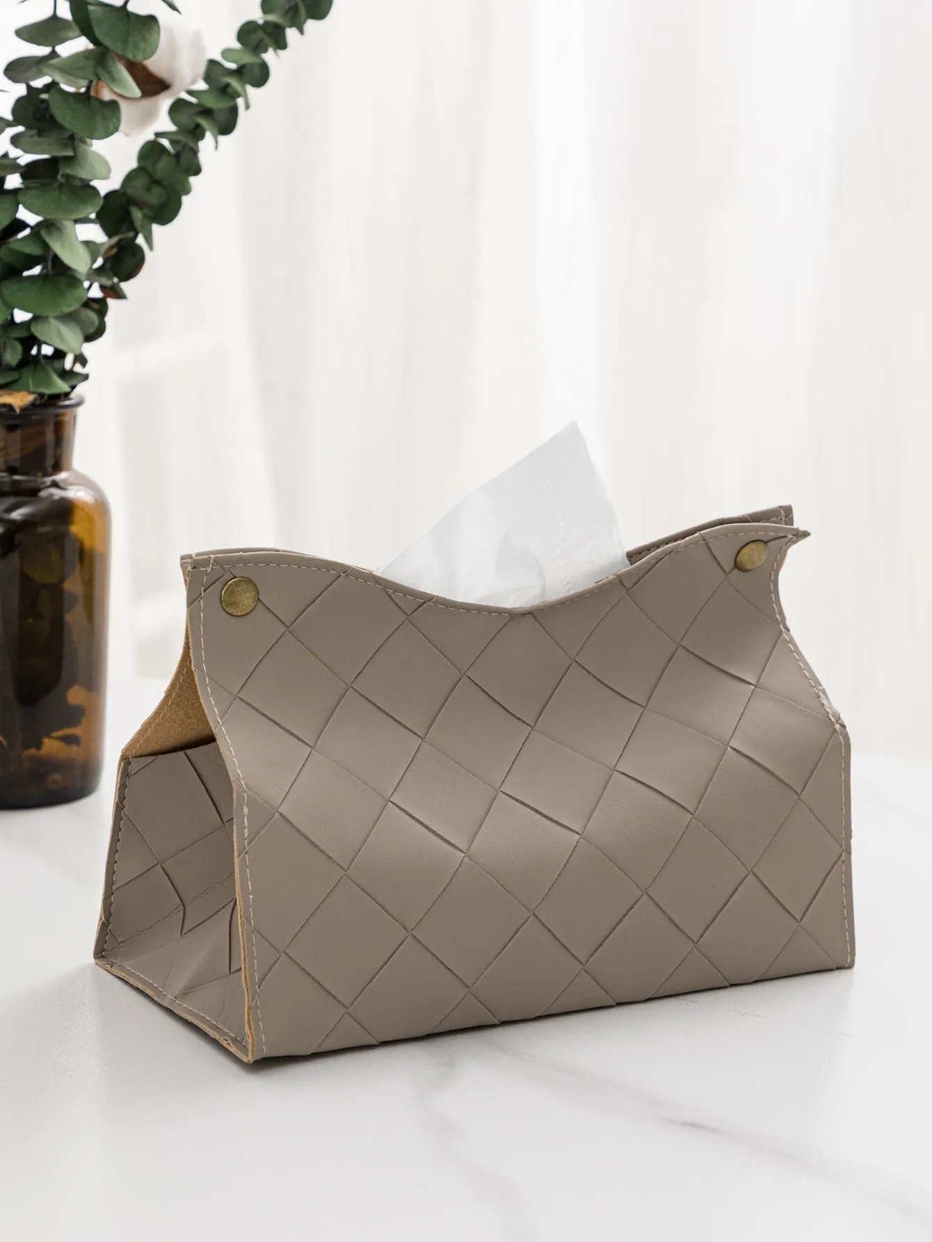 1pc Solid Woven Tissue Storage Bag, Brown Tissue Container For Home Decor