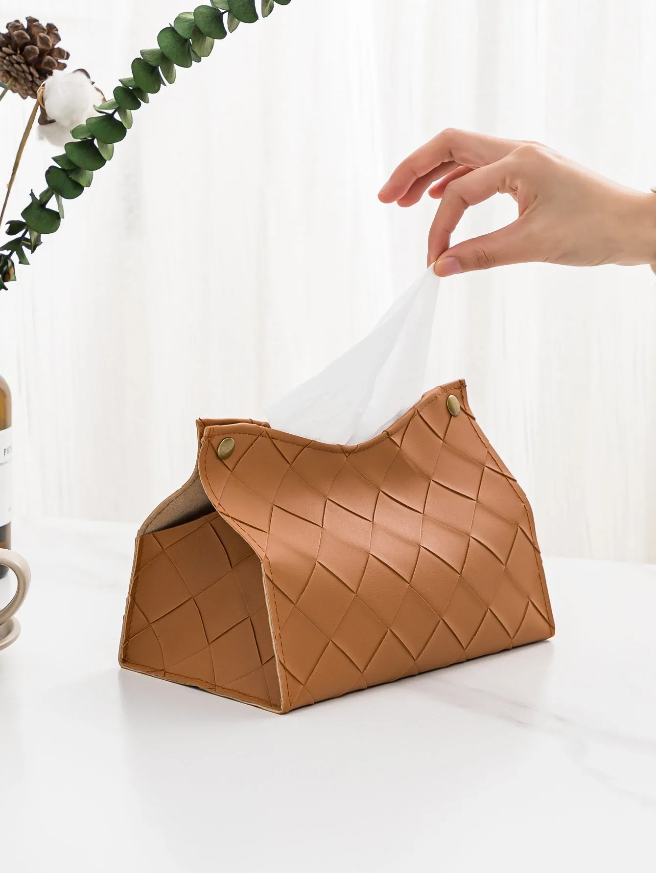 1pc Solid Woven Tissue Storage Bag, Brown Tissue Container For Home Decor