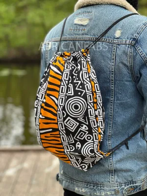 African Print Drawstring Bag / Gym Sack / School bag / Ankara Backpack / Festival Bag - Orange / white Bogolan