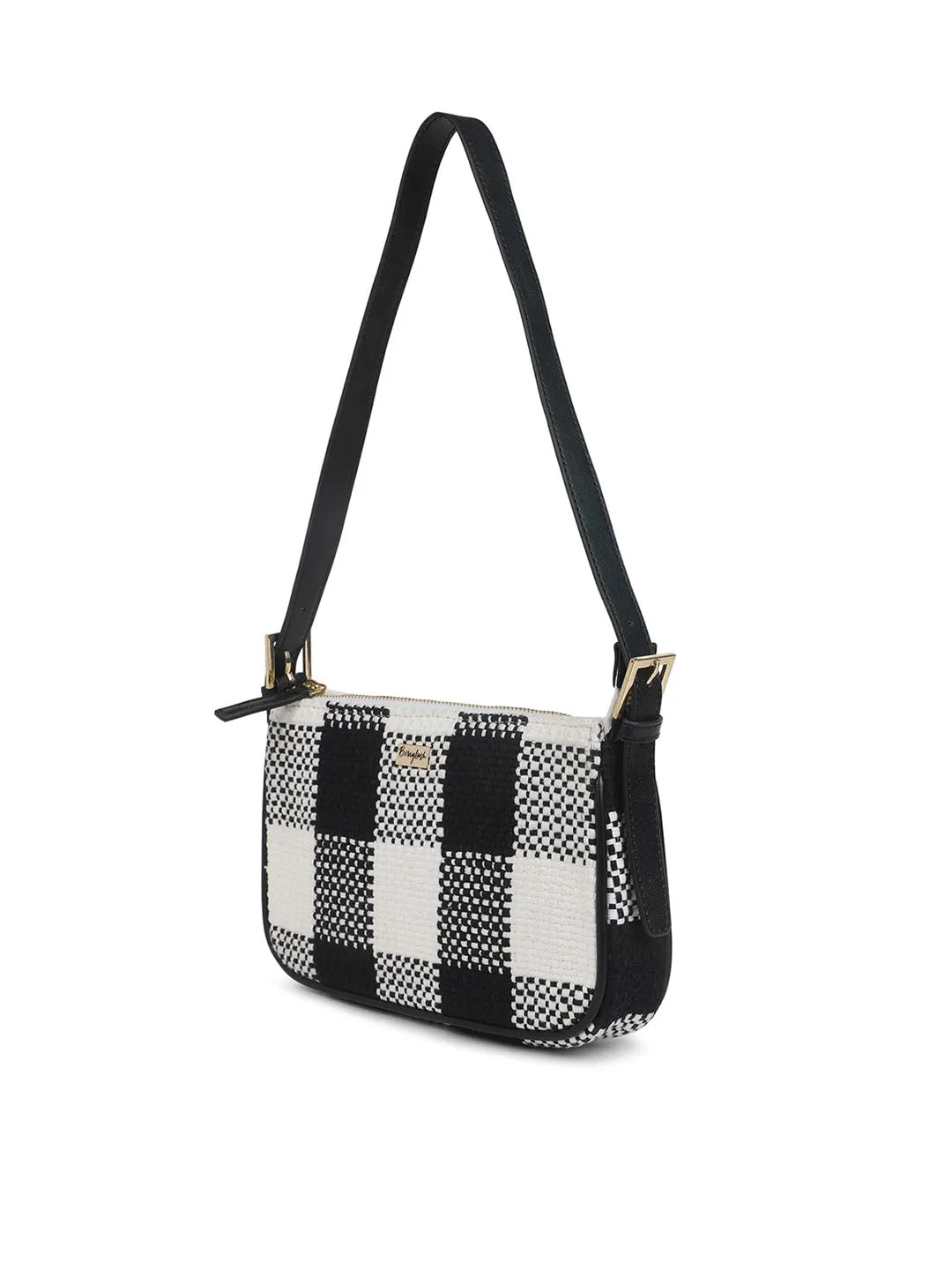 Berrylush Women Black & White Checked Pattern Cotton Zipper-Up Structured Handheld Bag