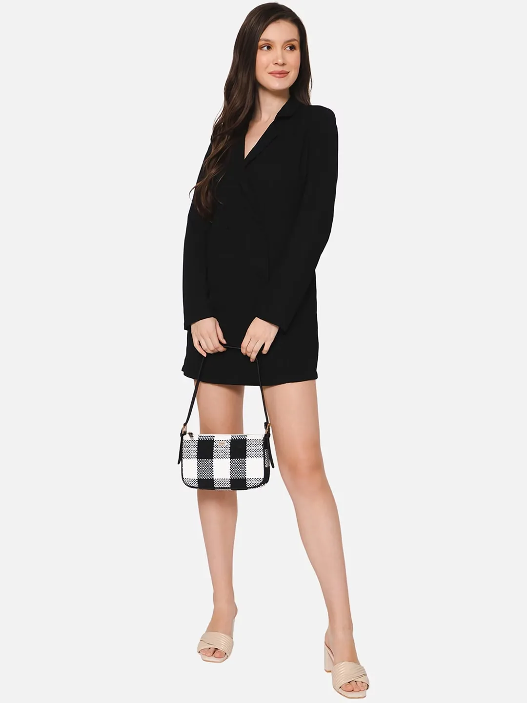 Berrylush Women Black & White Checked Pattern Cotton Zipper-Up Structured Handheld Bag