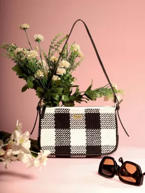 Berrylush Women Black & White Checked Pattern Cotton Zipper-Up Structured Handheld Bag