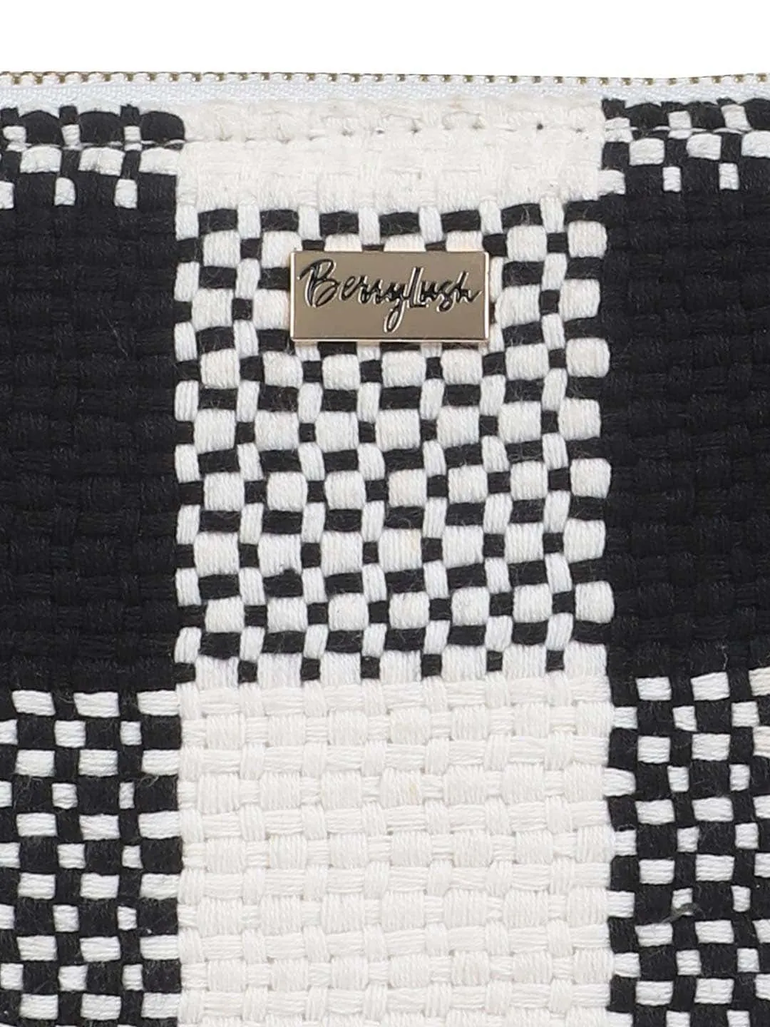 Berrylush Women Black & White Checked Pattern Cotton Zipper-Up Structured Handheld Bag