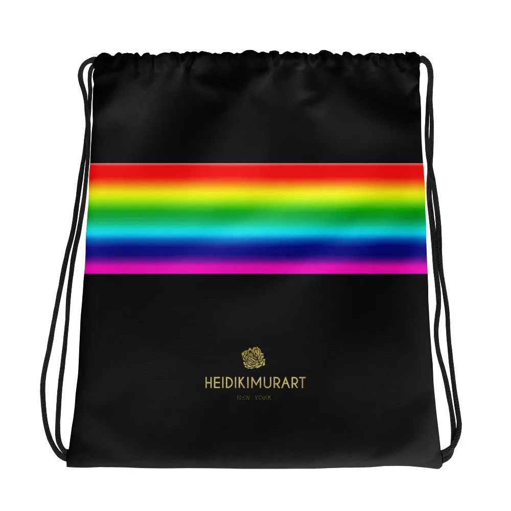 Black Rainbow Stripe Drawstring Bag, Gay Pride 15”x17” Designer Bag- Made in USA/EU