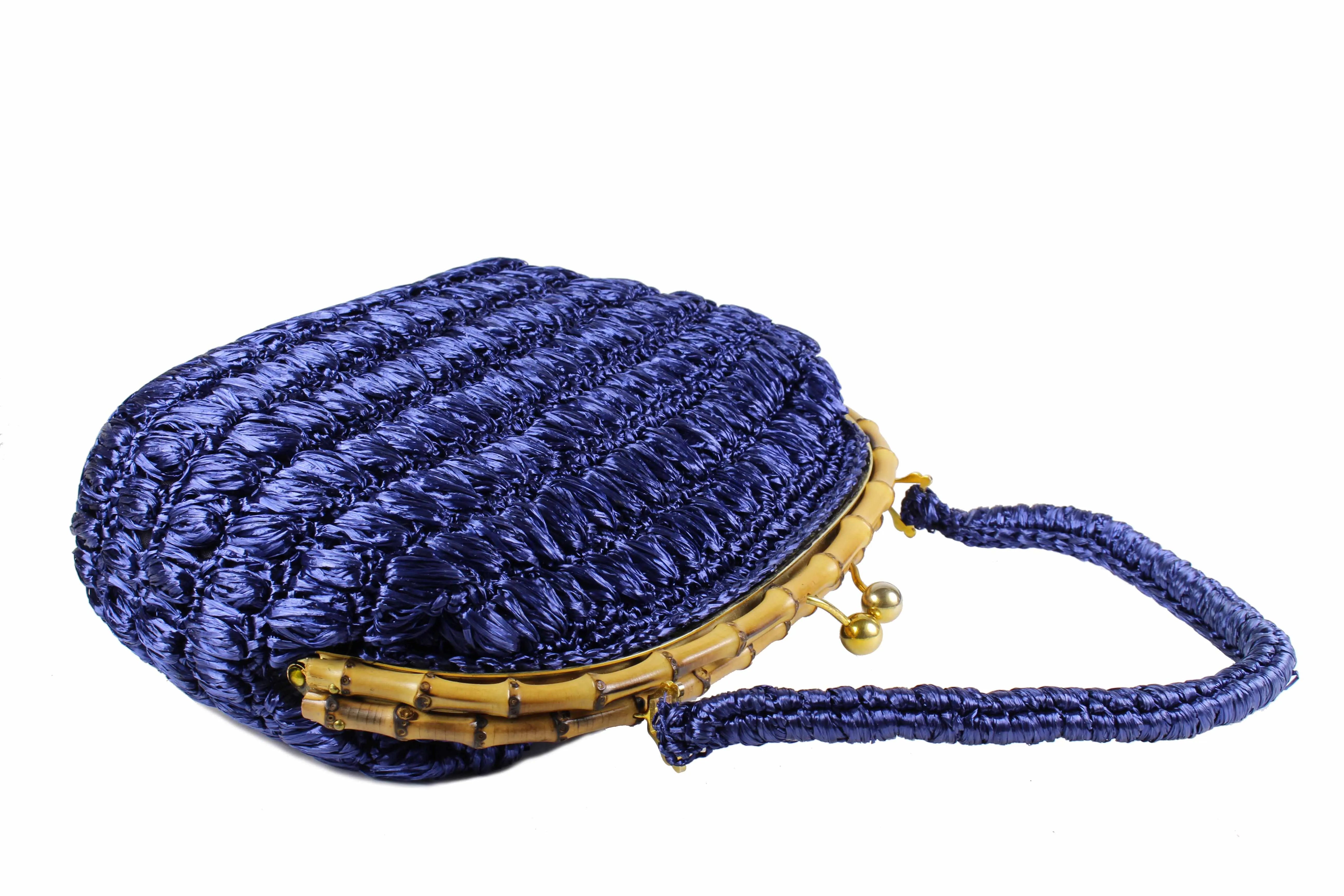 Blue raffia bamboo frame handbag