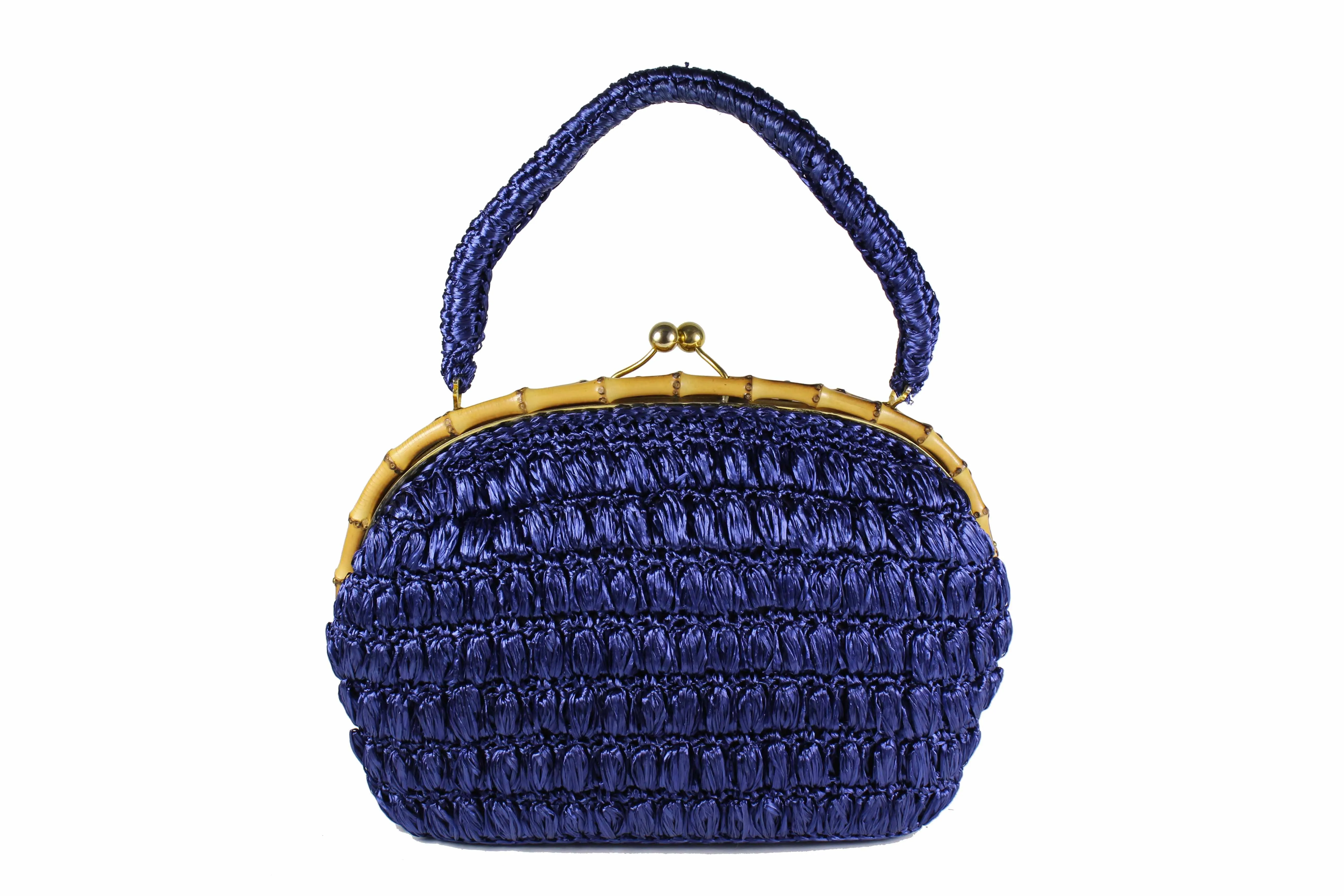 Blue raffia bamboo frame handbag