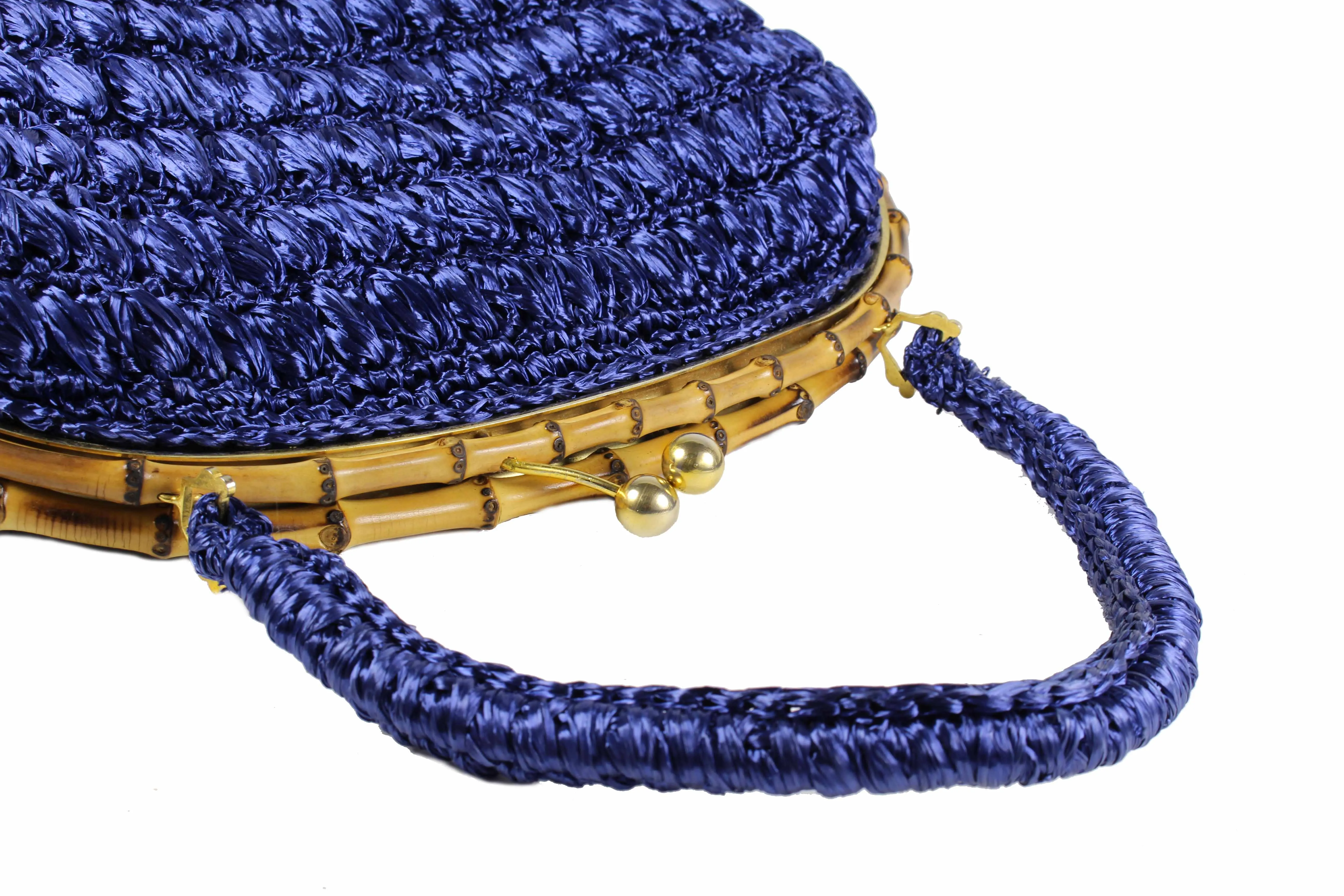 Blue raffia bamboo frame handbag