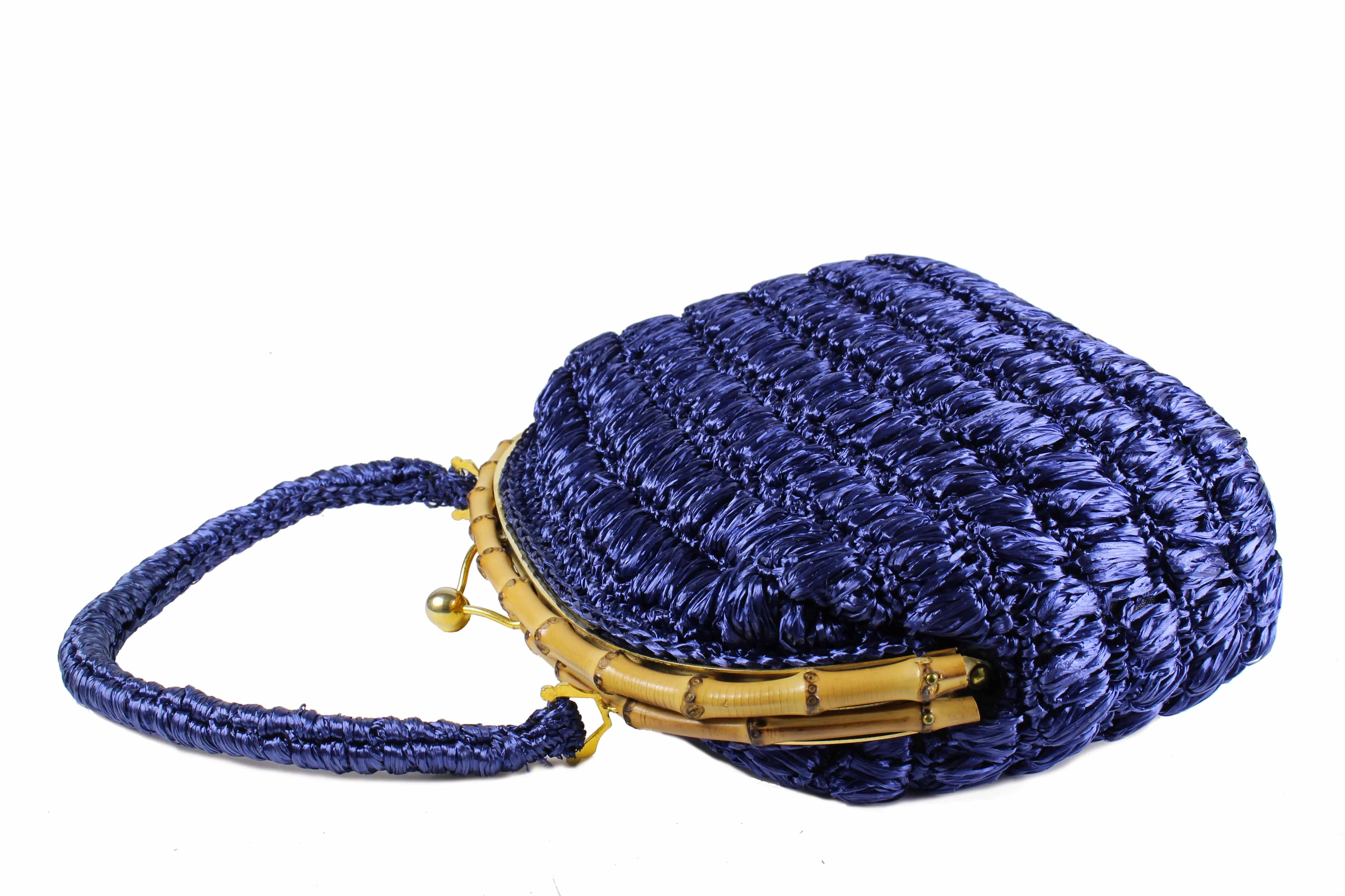 Blue raffia bamboo frame handbag