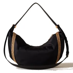 Borsa Donna Hobo Bag BORBONESE linea New Orbit Medium in Tessuto Nero e Camoscio Op Naturale