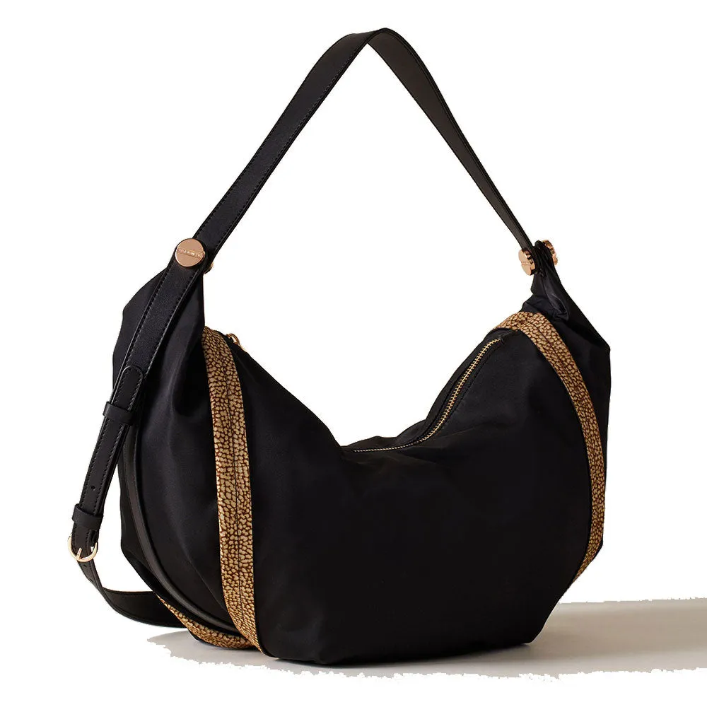 Borsa Donna Hobo Bag BORBONESE linea New Orbit Medium in Tessuto Nero e Camoscio Op Naturale