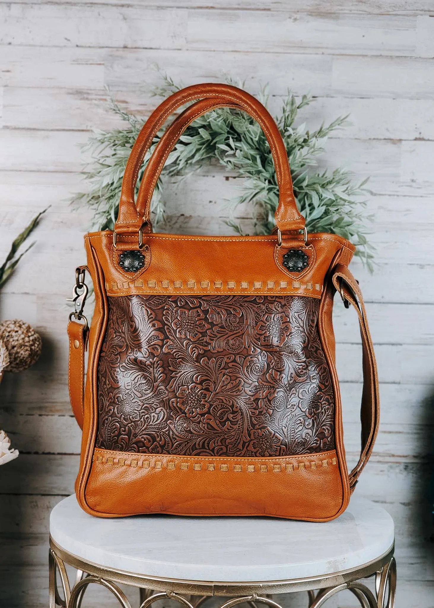 Brown Floral Crossbody Tote Handbag