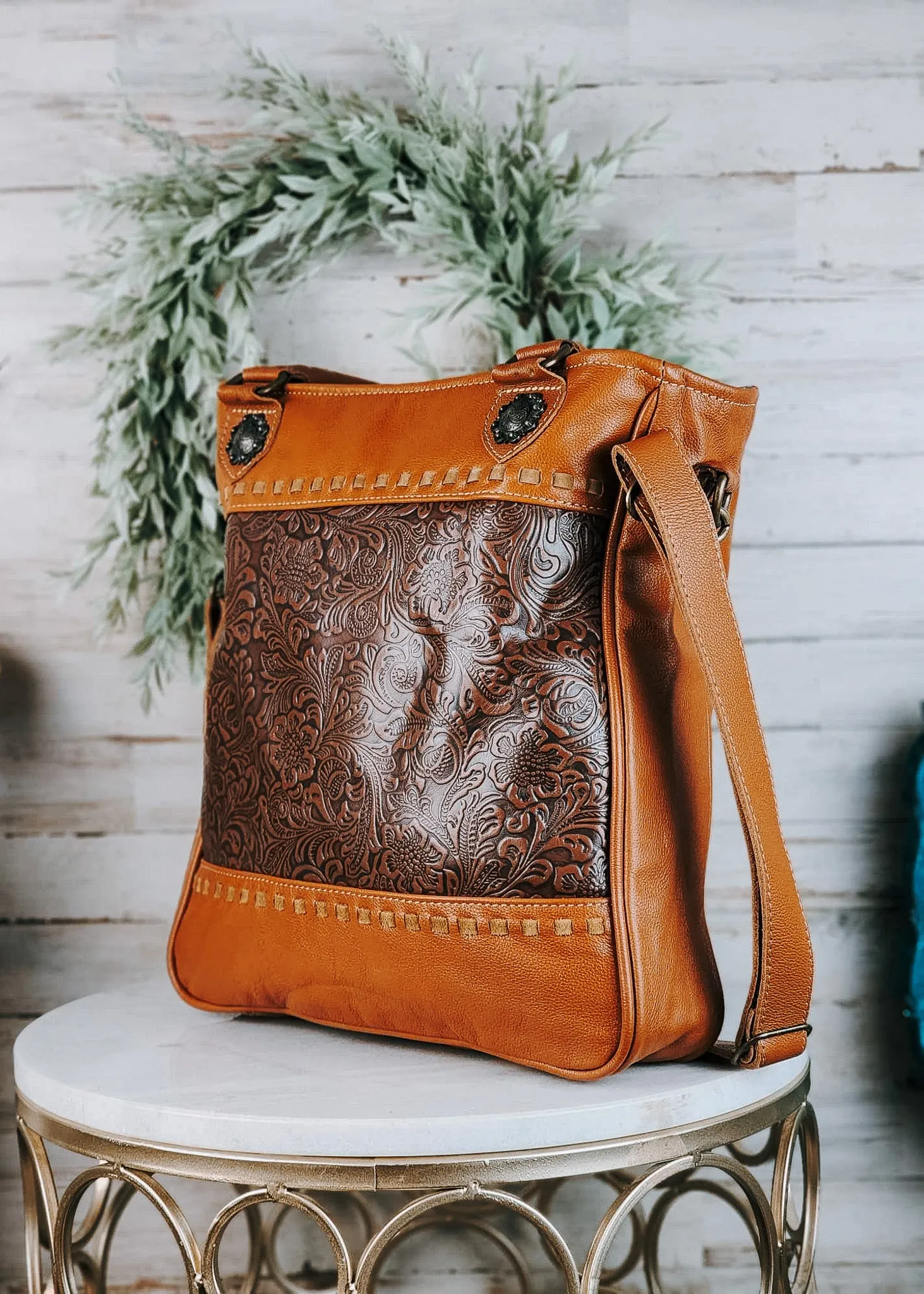 Brown Floral Crossbody Tote Handbag