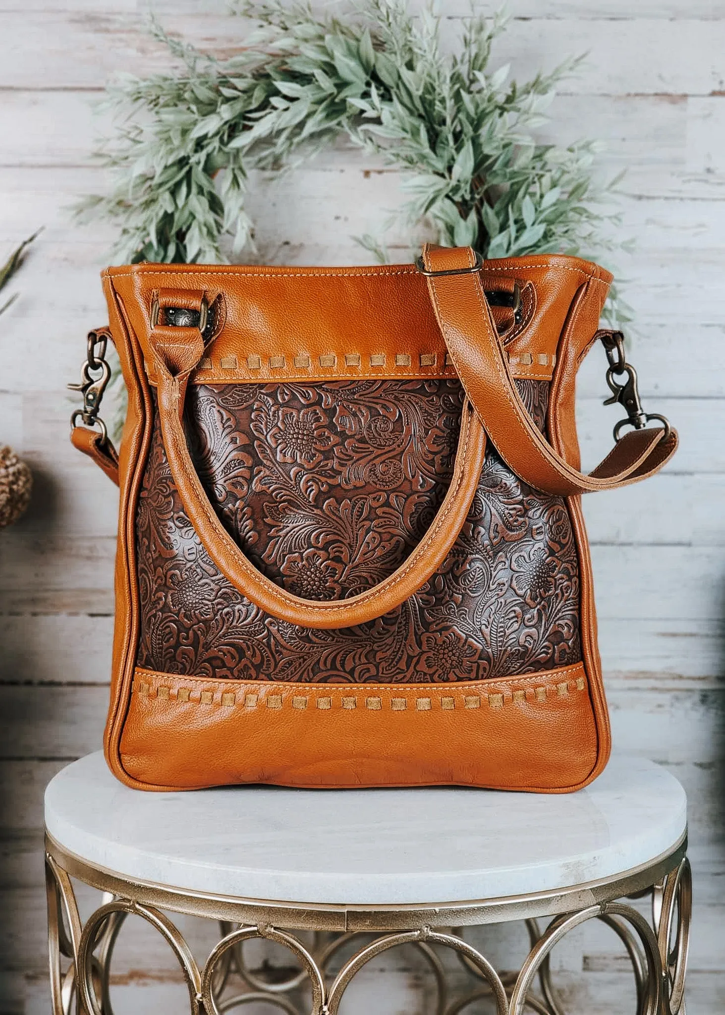 Brown Floral Crossbody Tote Handbag