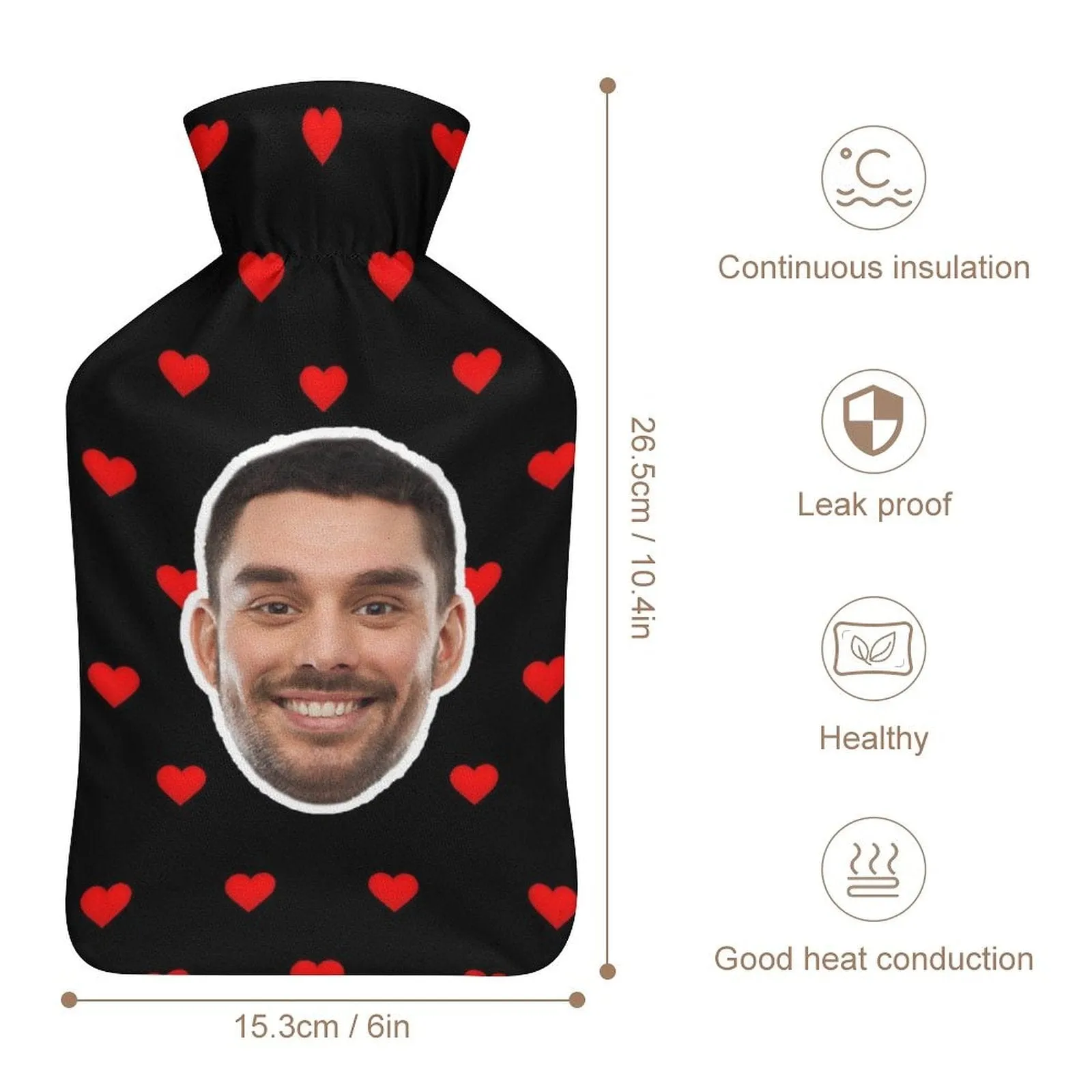 Custom Face Red Hearts Hot Water Bottle Cover 1L Personalized Hot Water Bag for Hand Feet Warmer Neck and Shoulder Pain Relief