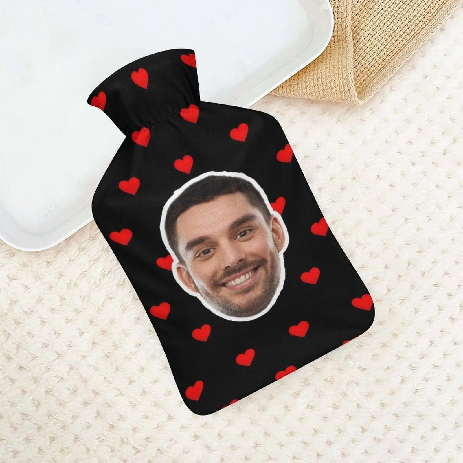 Custom Face Red Hearts Hot Water Bottle Cover 1L Personalized Hot Water Bag for Hand Feet Warmer Neck and Shoulder Pain Relief