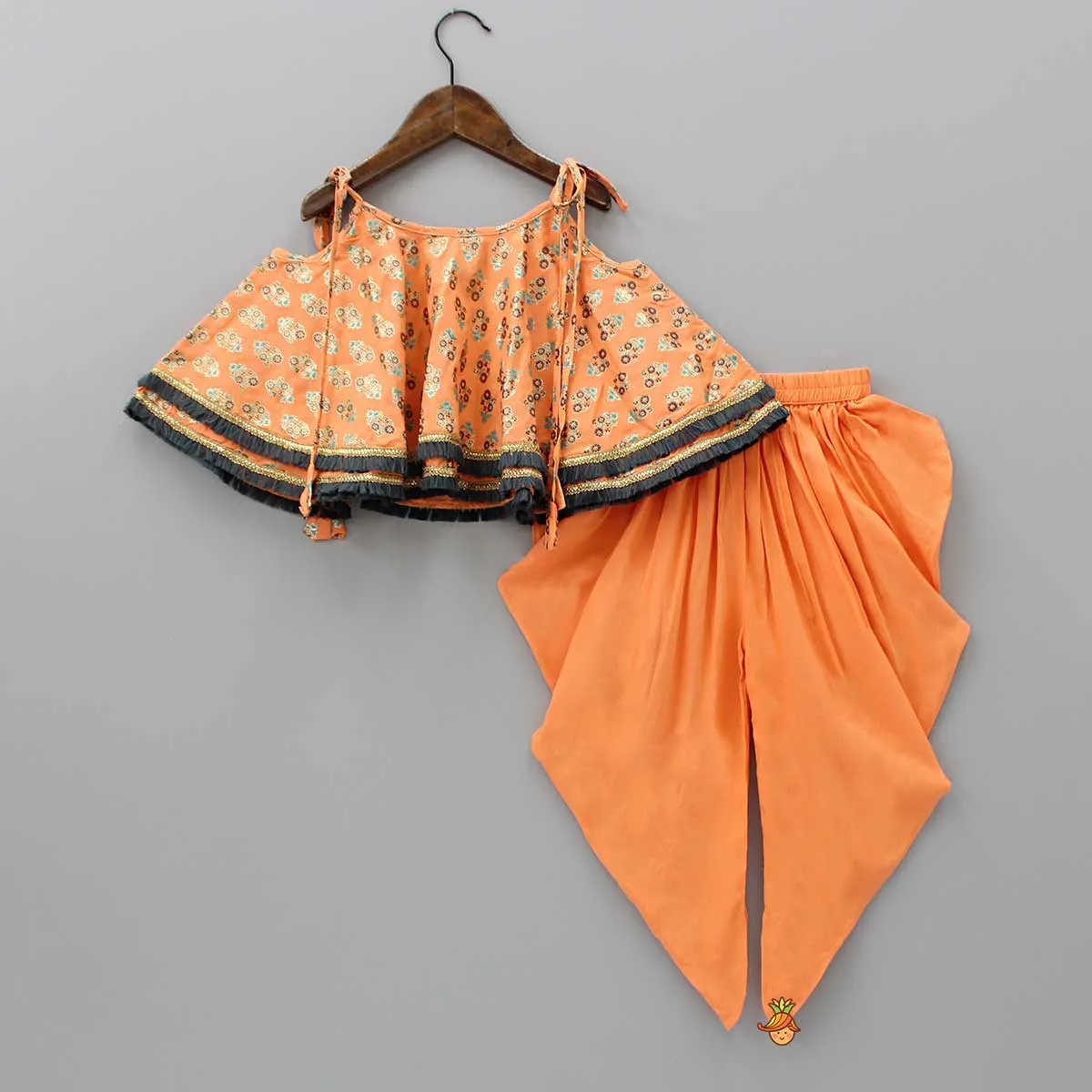 Foil Printed And Fringes Lace Detailed Top With Dhoti And Matching Sling Bag