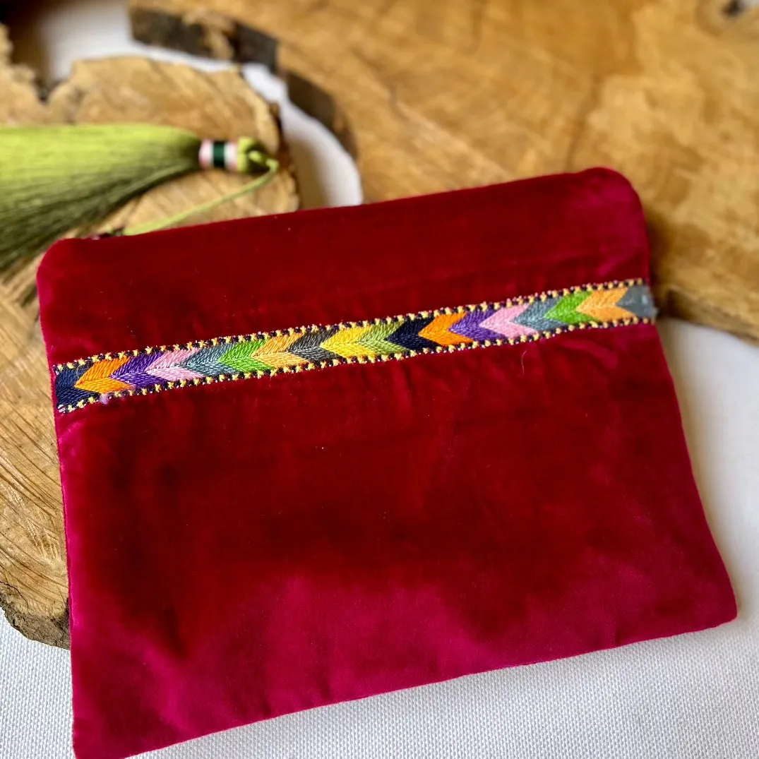 Hand Crafted Palestinian Embroidered Pouch | Tatreez Bag in Velvet with Traditional Sabayel