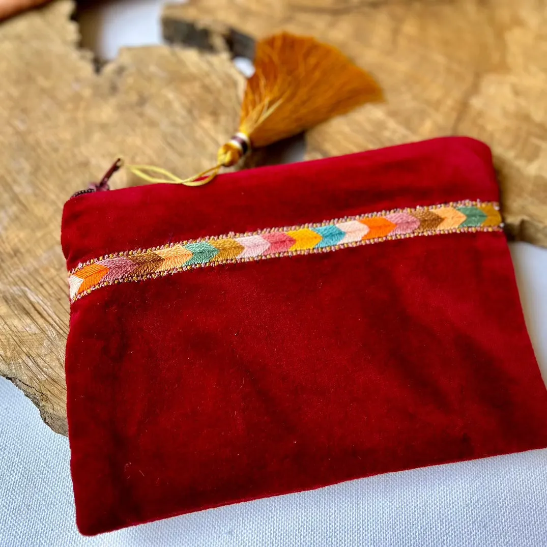 Hand Crafted Palestinian Embroidered Pouch | Tatreez Bag in Velvet with Traditional Sabayel