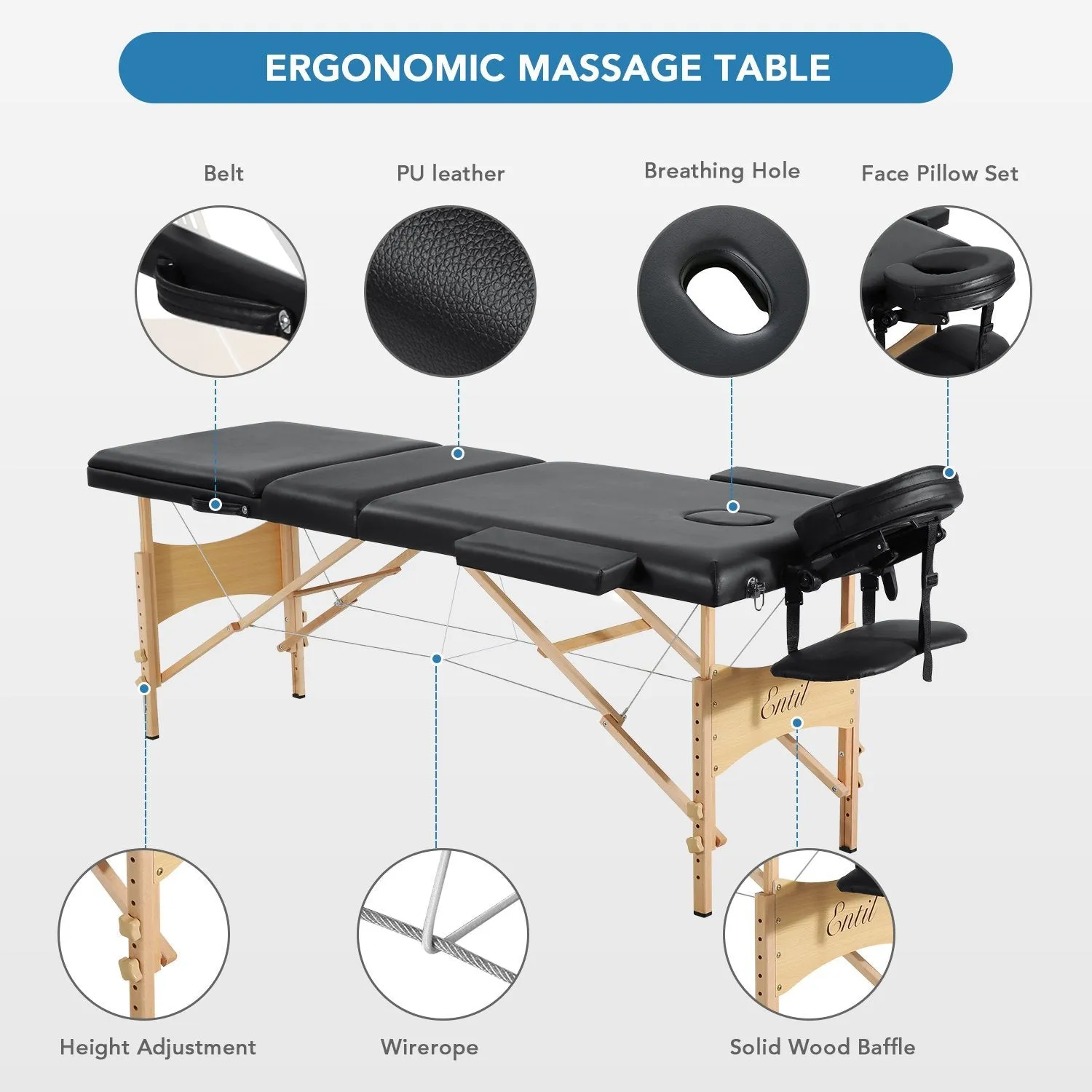 Massage Table Spa Bed Portable 3 Sections Wooden Legs with Face Hole Carrying Bag