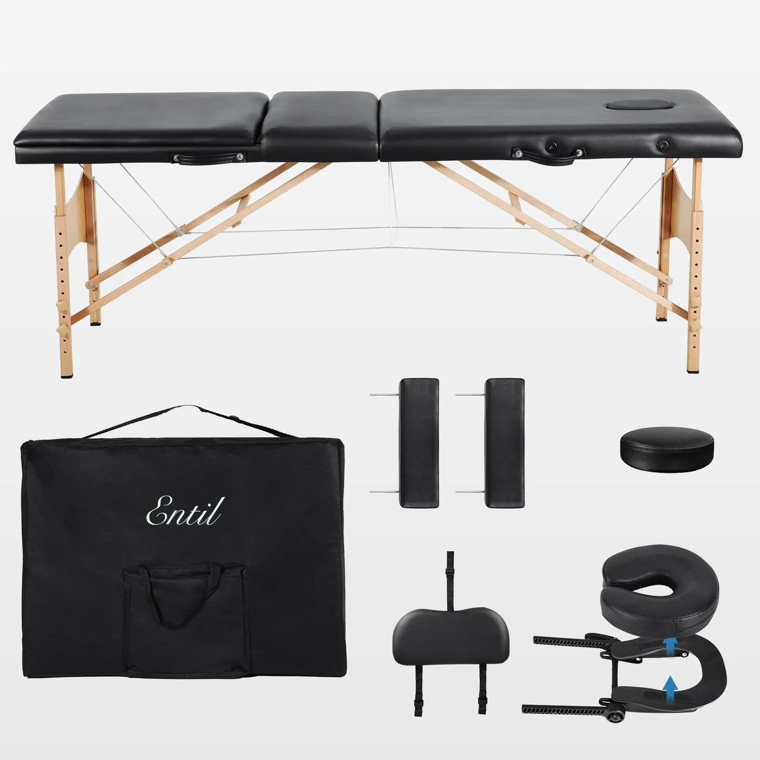 Massage Table Spa Bed Portable 3 Sections Wooden Legs with Face Hole Carrying Bag