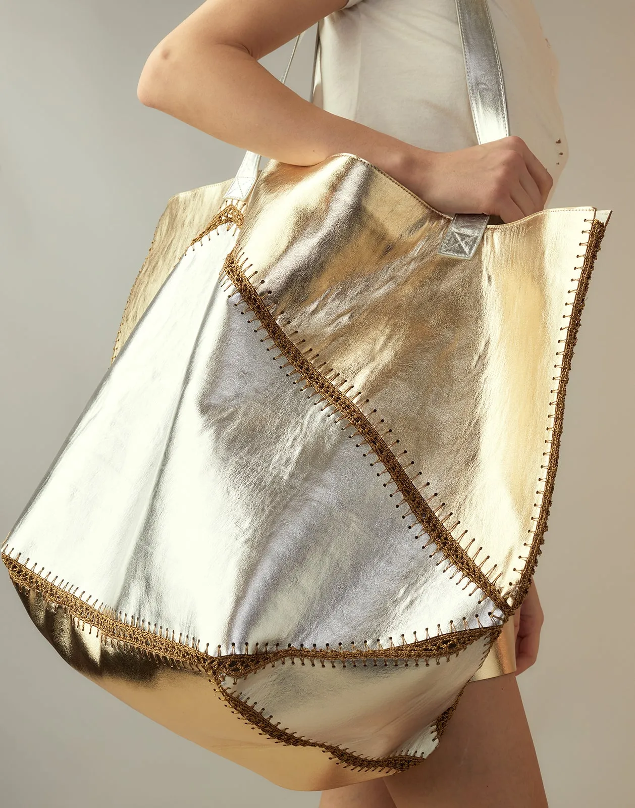 Mixed Metallic Vegan Leather Oversized Tote