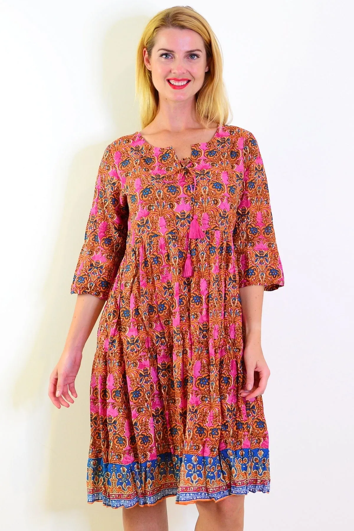 Orange Pink Rebecca Tie Neck Tunic Dress