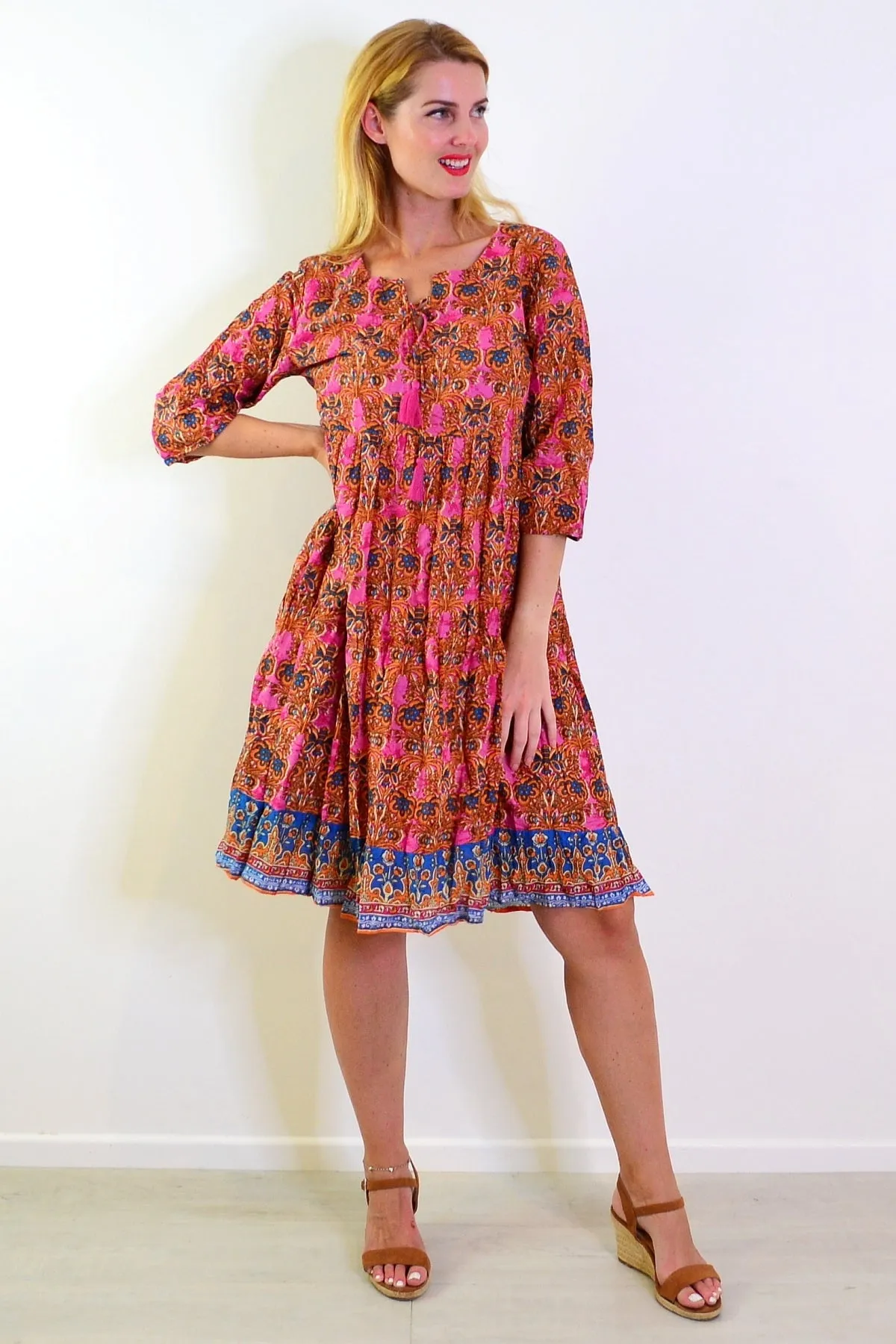 Orange Pink Rebecca Tie Neck Tunic Dress