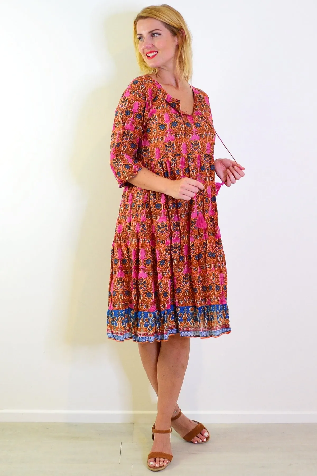 Orange Pink Rebecca Tie Neck Tunic Dress