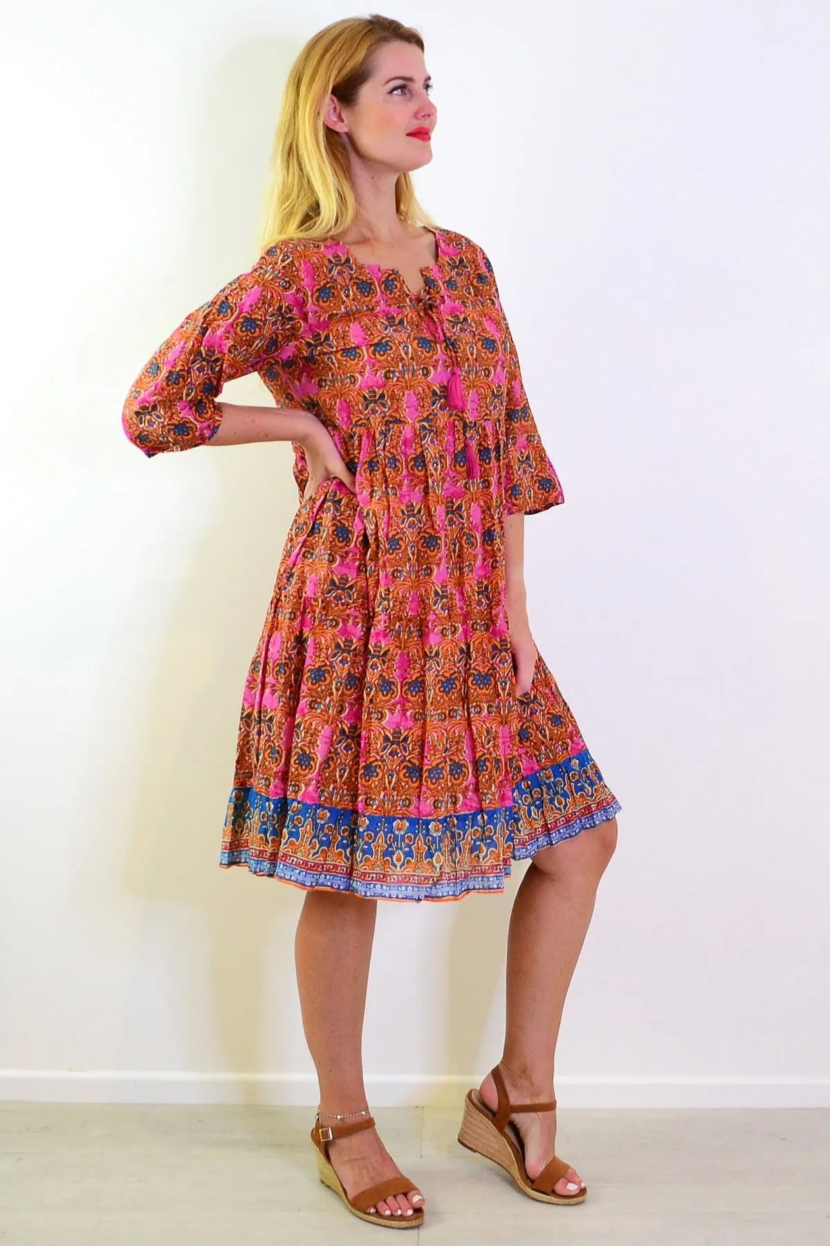 Orange Pink Rebecca Tie Neck Tunic Dress