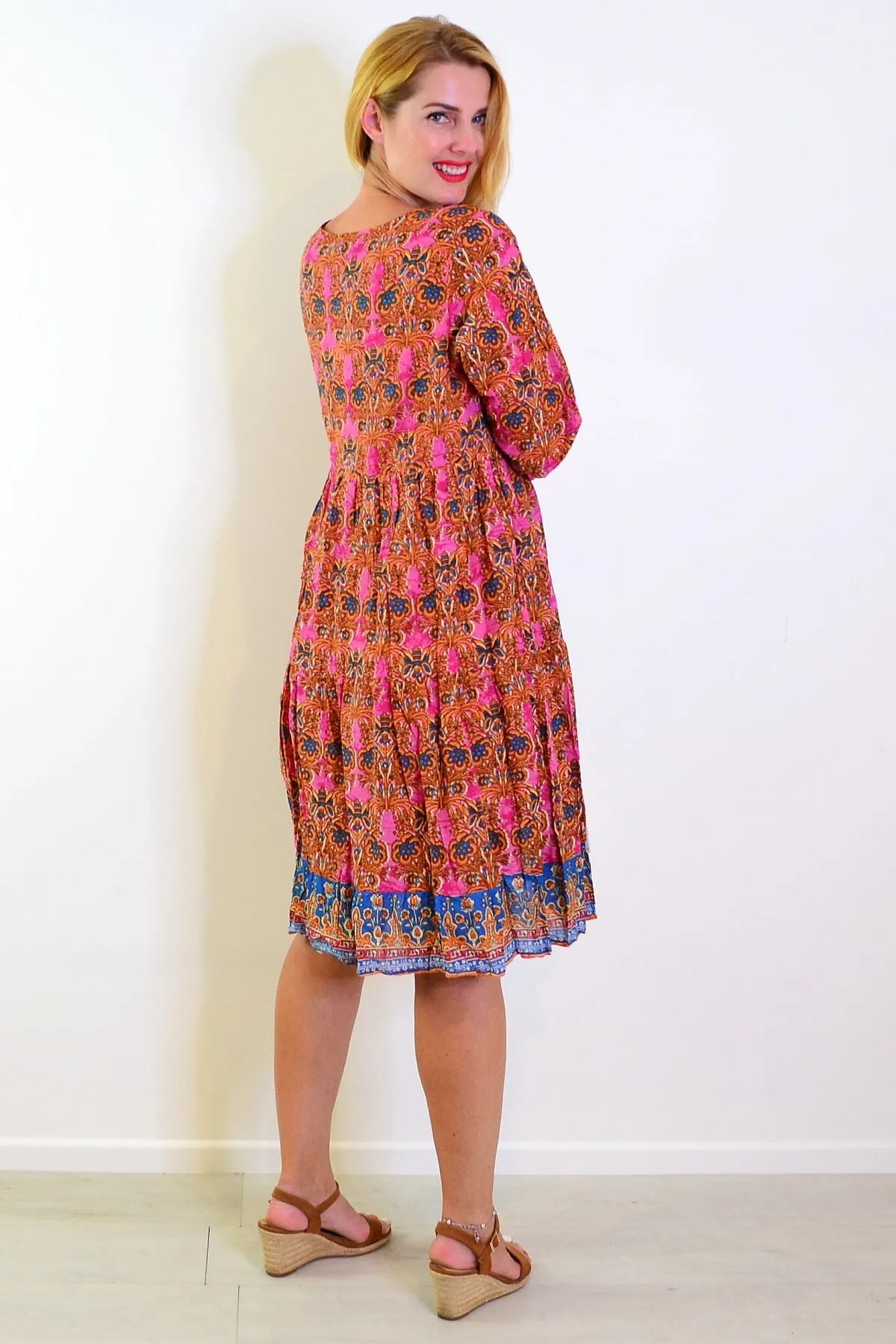 Orange Pink Rebecca Tie Neck Tunic Dress