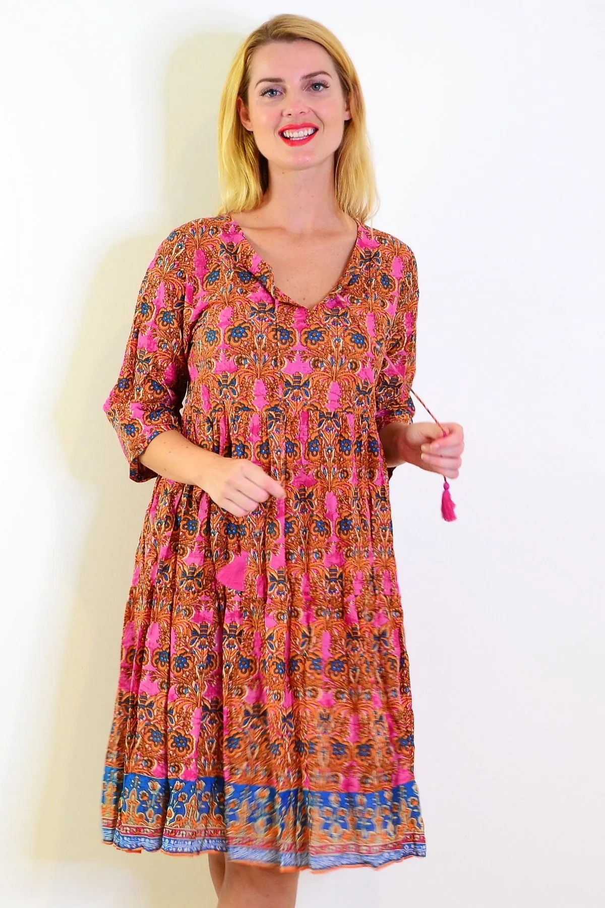 Orange Pink Rebecca Tie Neck Tunic Dress