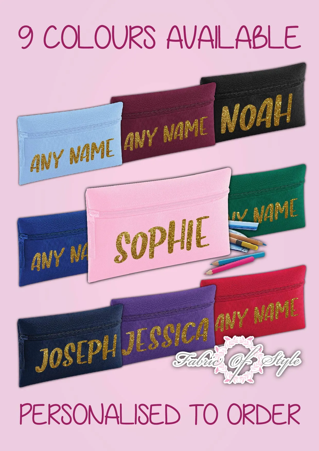 Personalised Any Name Gold Glitter Pencil Case Kids Office Stationery Back To School Zip School Bag