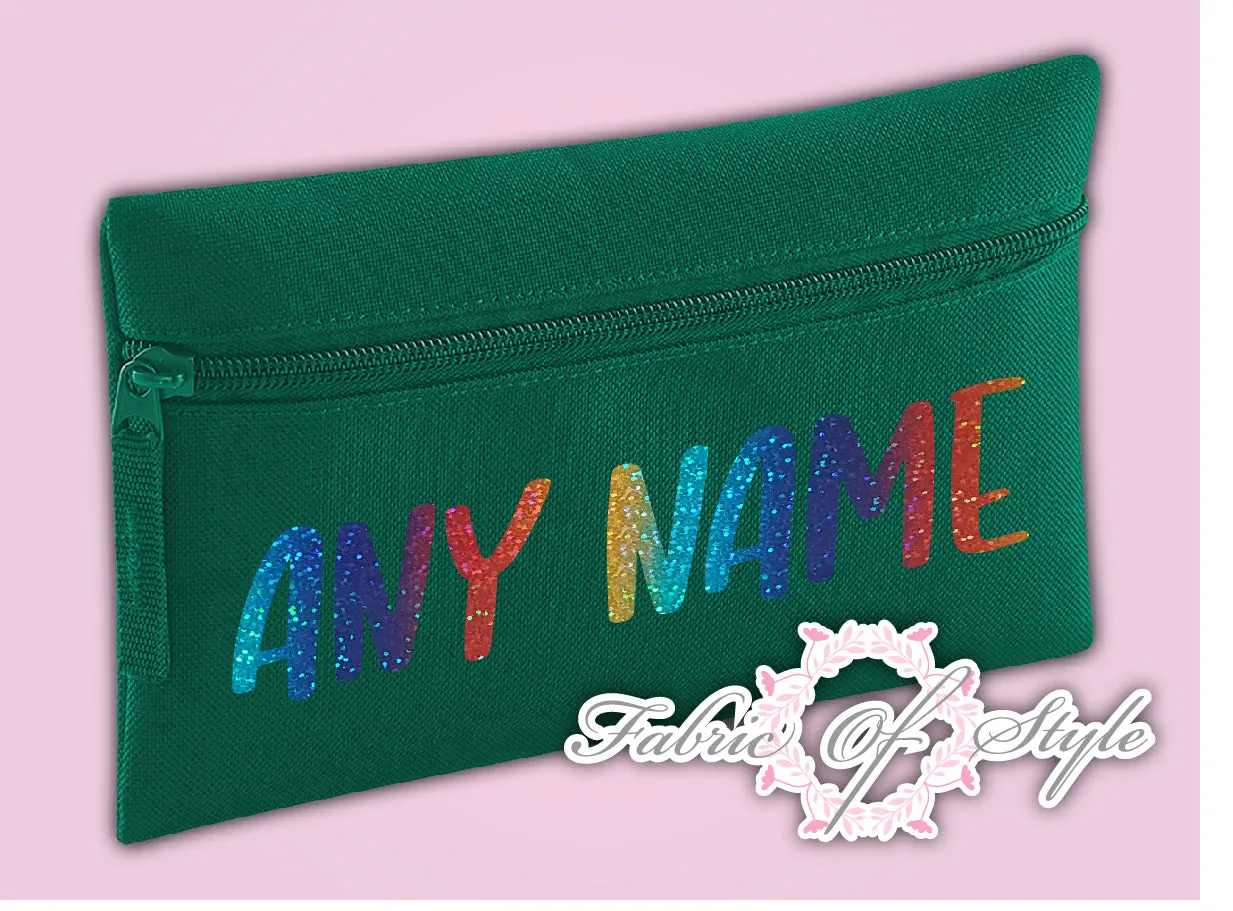 Personalised Any Name Rainbow Glitter Pencil Case Kids Office Stationery Back To School Zip School Bag