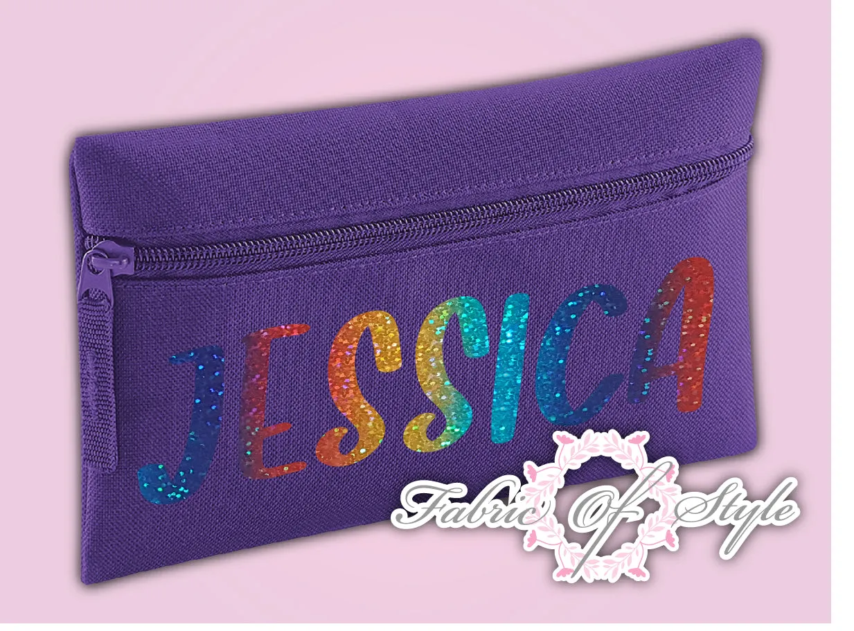 Personalised Any Name Rainbow Glitter Pencil Case Kids Office Stationery Back To School Zip School Bag