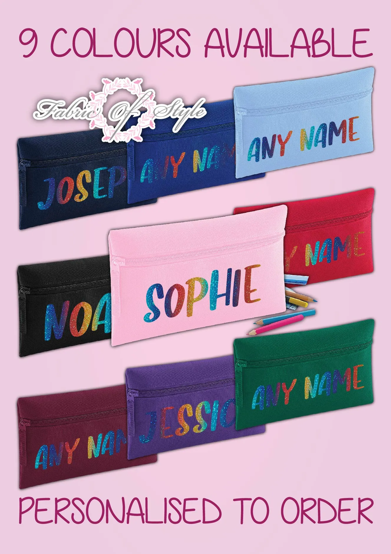 Personalised Any Name Rainbow Glitter Pencil Case Kids Office Stationery Back To School Zip School Bag