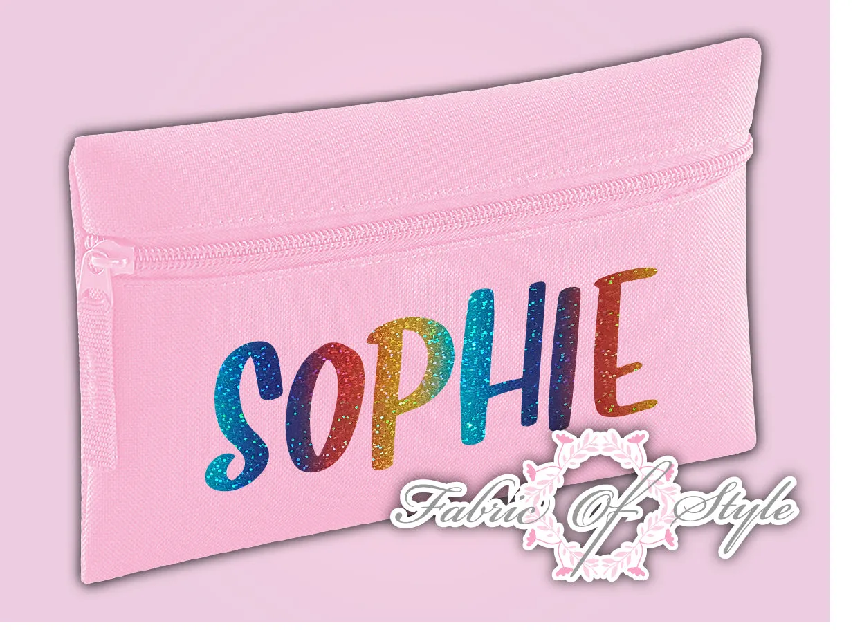 Personalised Any Name Rainbow Glitter Pencil Case Kids Office Stationery Back To School Zip School Bag