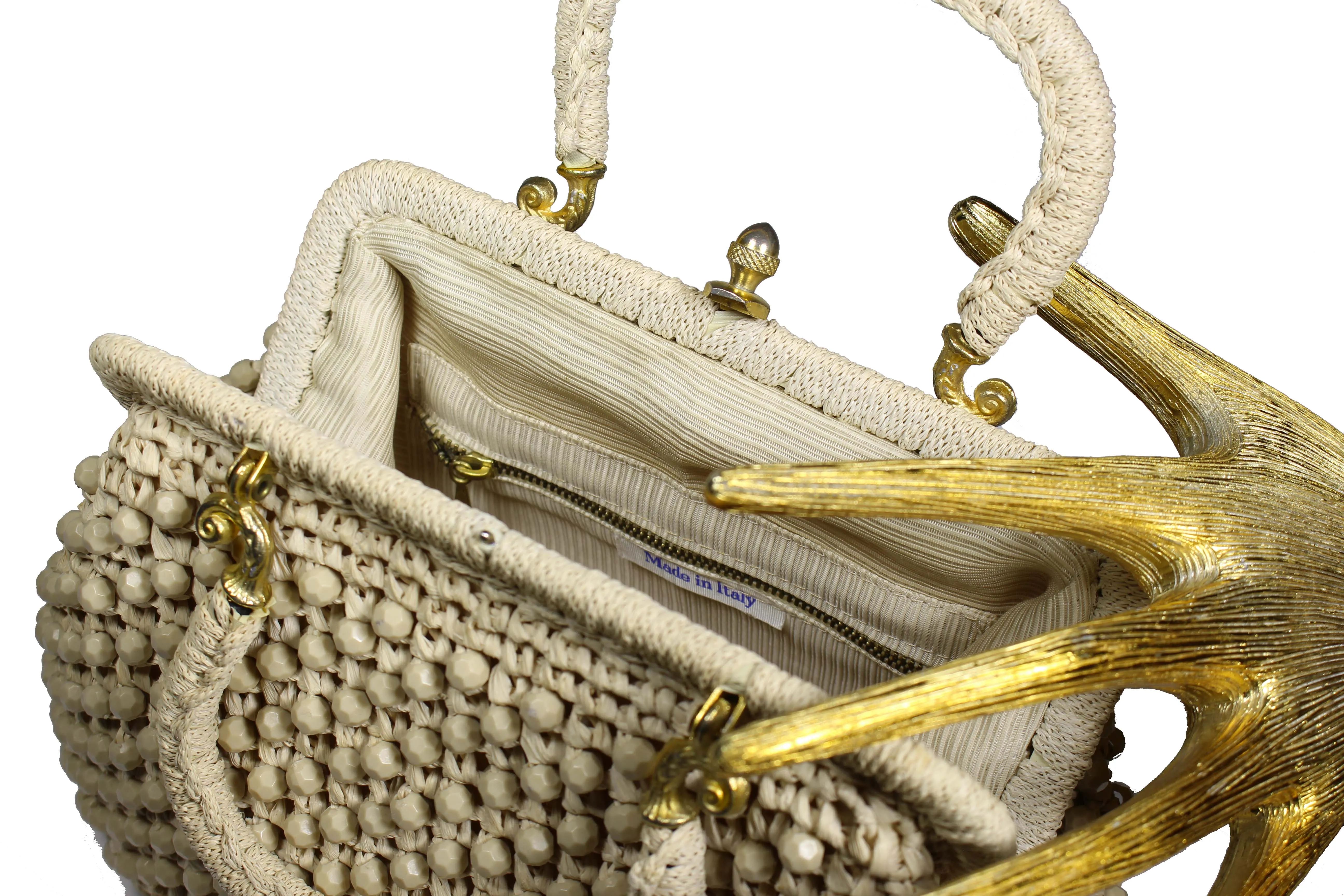 Raffia and ivory beads handbag