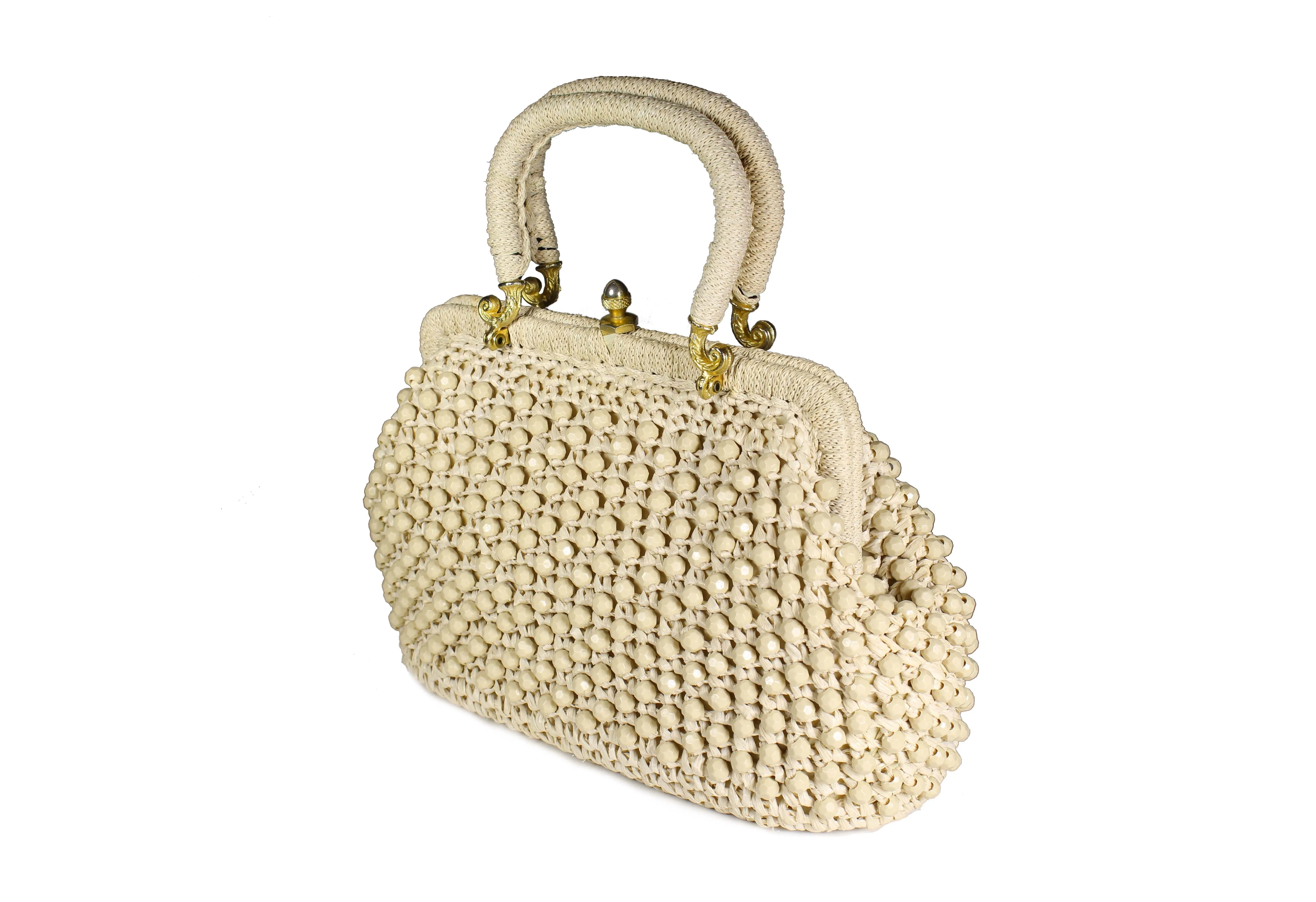 Raffia and ivory beads handbag