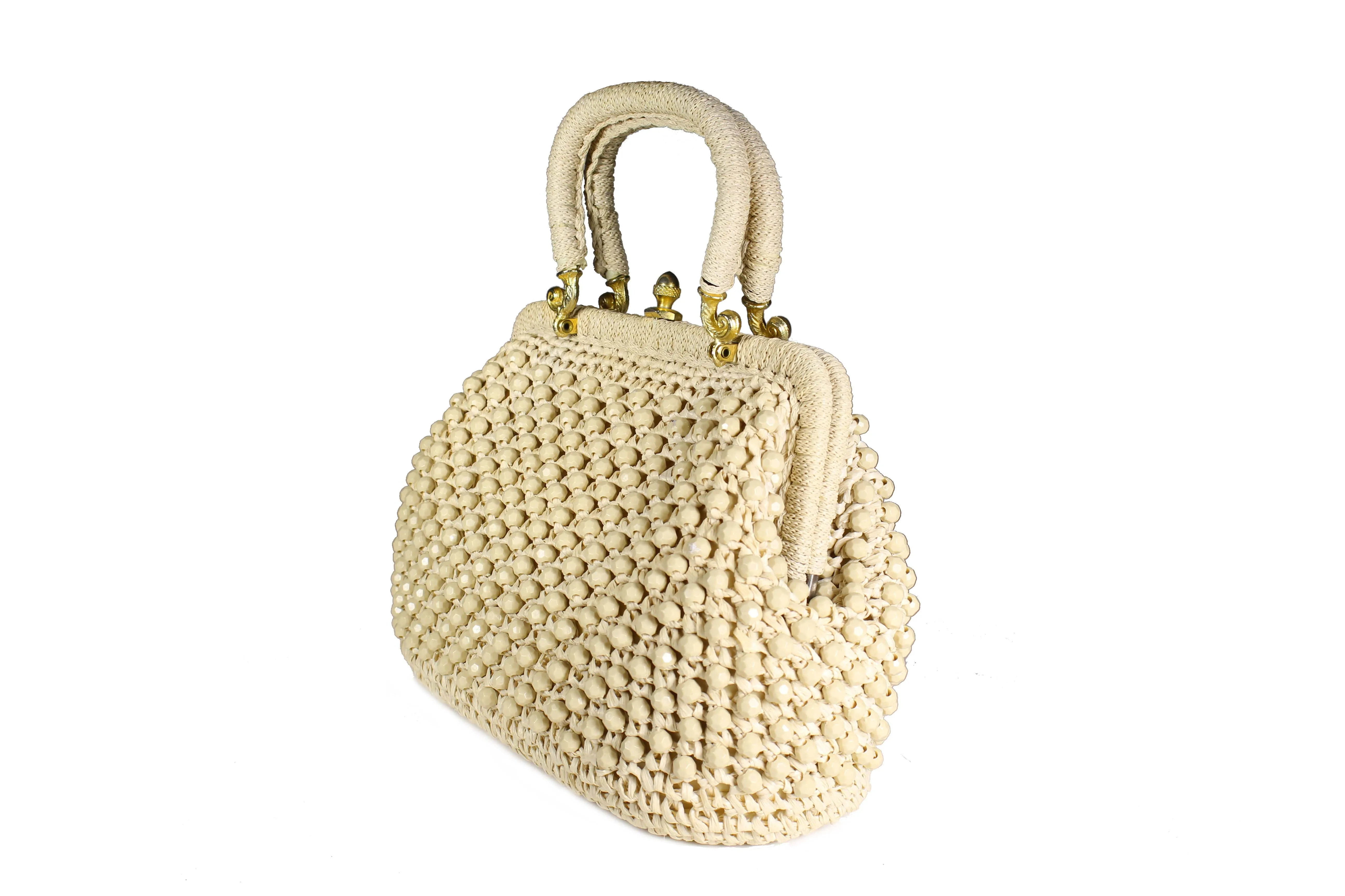 Raffia and ivory beads handbag