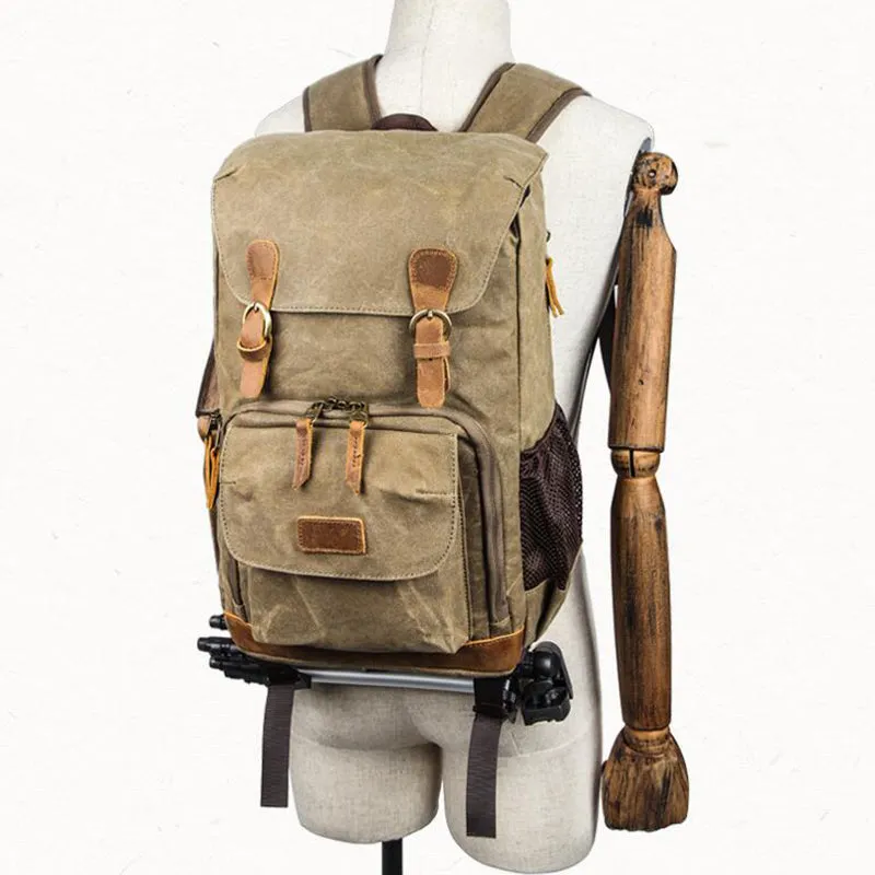 Retro DSLR Camera Backpack Waxed Canvas Camera Backpack Waterproof Laptop Backpack