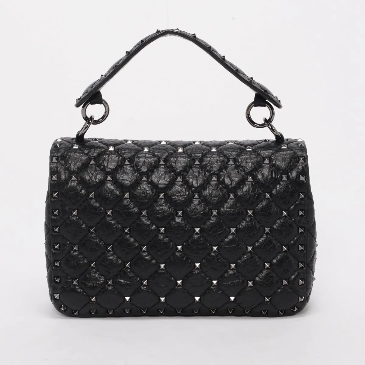 Valentino Black Crinkled Lambskin Medium Rockstud Spike Top Handle Bag