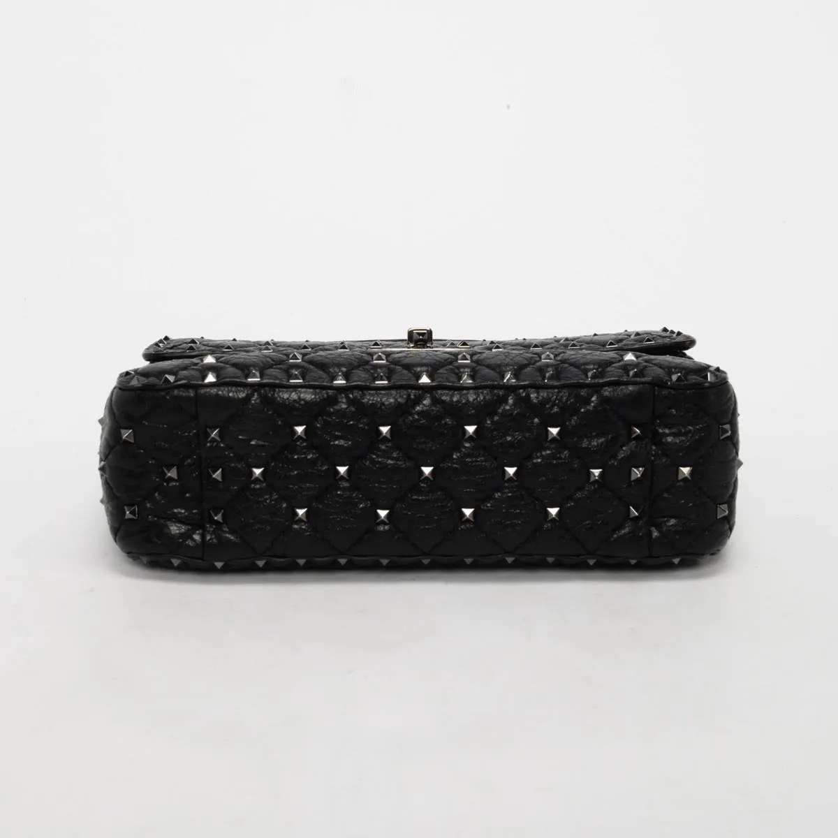 Valentino Black Crinkled Lambskin Medium Rockstud Spike Top Handle Bag