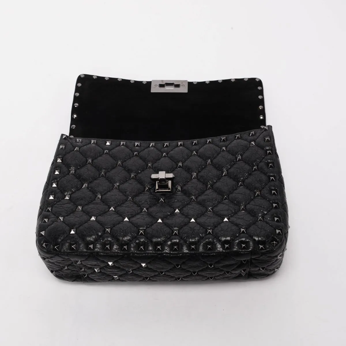 Valentino Black Crinkled Lambskin Medium Rockstud Spike Top Handle Bag