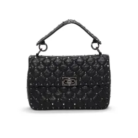 Valentino Black Crinkled Lambskin Medium Rockstud Spike Top Handle Bag