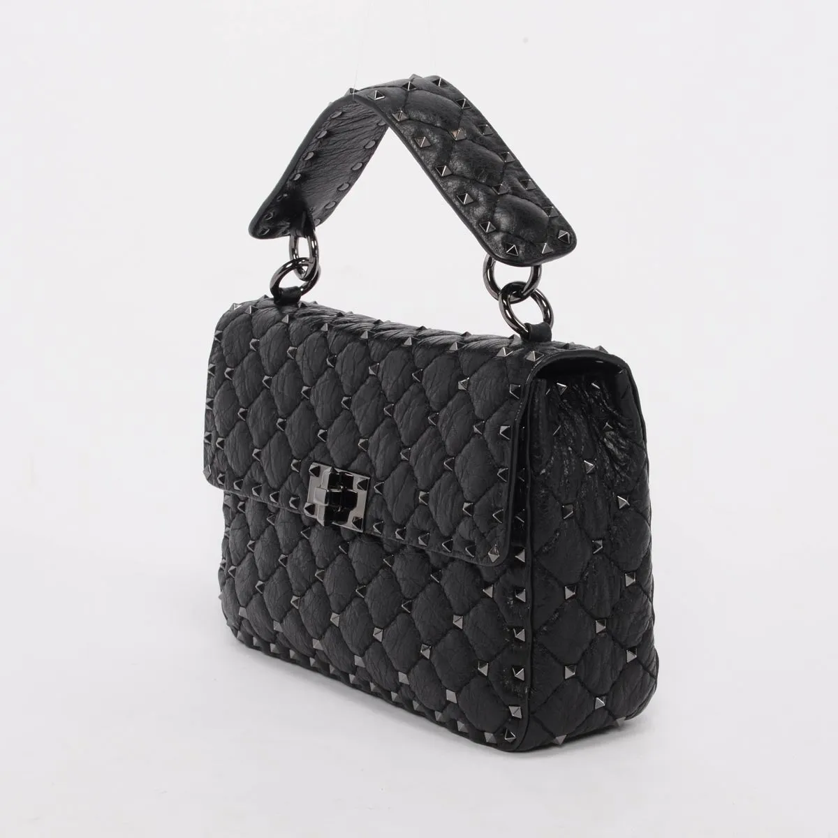 Valentino Black Crinkled Lambskin Medium Rockstud Spike Top Handle Bag