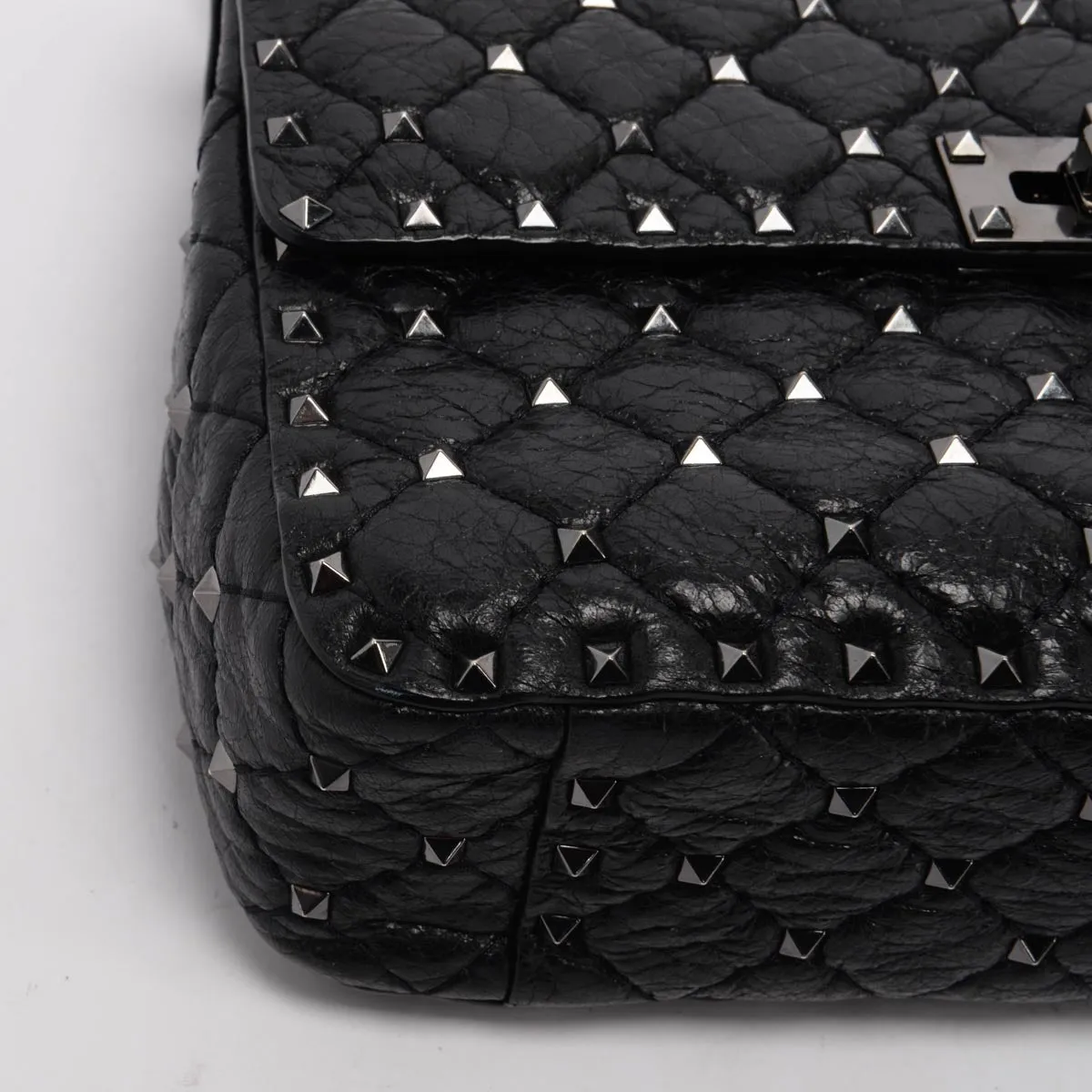 Valentino Black Crinkled Lambskin Medium Rockstud Spike Top Handle Bag