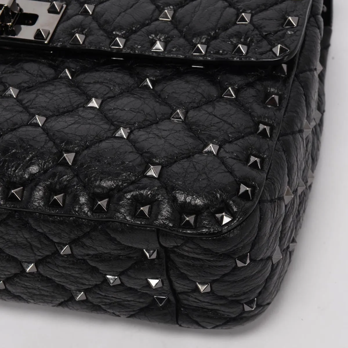 Valentino Black Crinkled Lambskin Medium Rockstud Spike Top Handle Bag