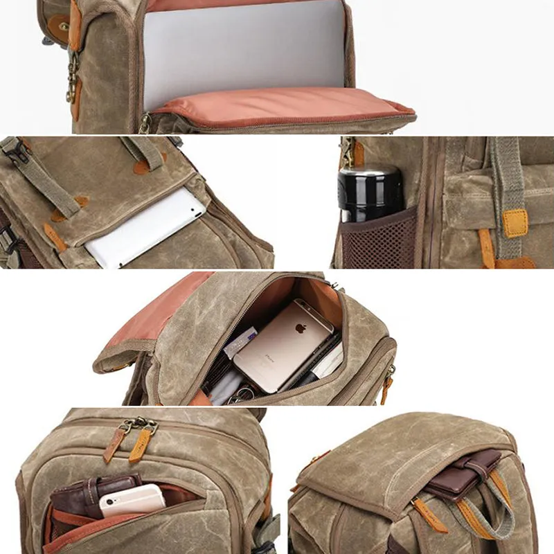 Waterproof Canvas DSLR Camera Backpack Waxed Canvas Travel Backpack Retro Laptop Backpack QSM3040